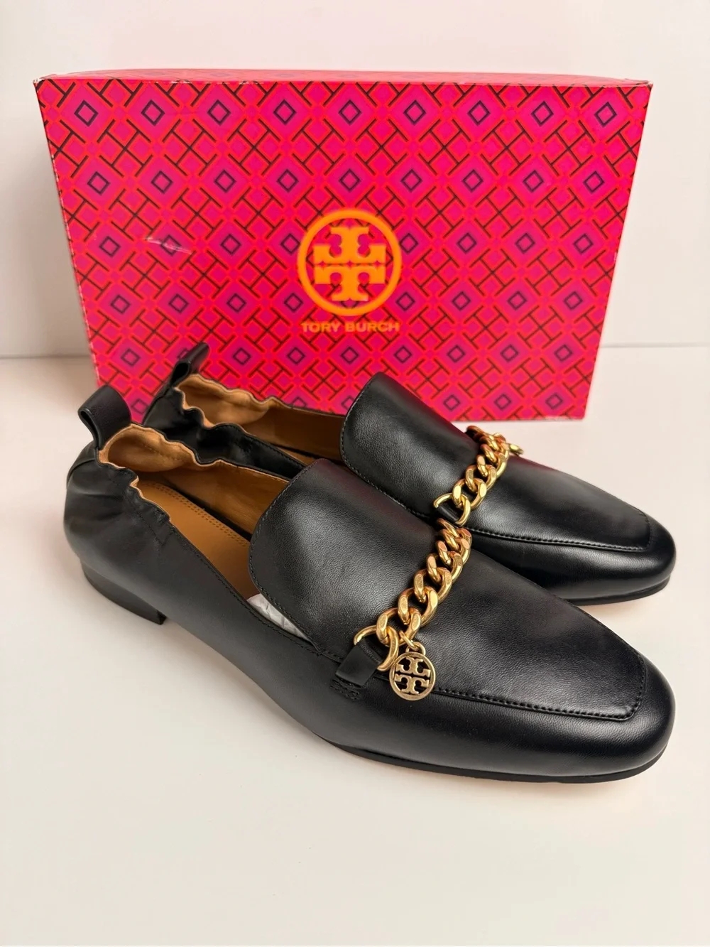 Tory Burch Mini Benton Charm 20mm Loafers Black Calf Leather Gold Chain 8 & 8.5
